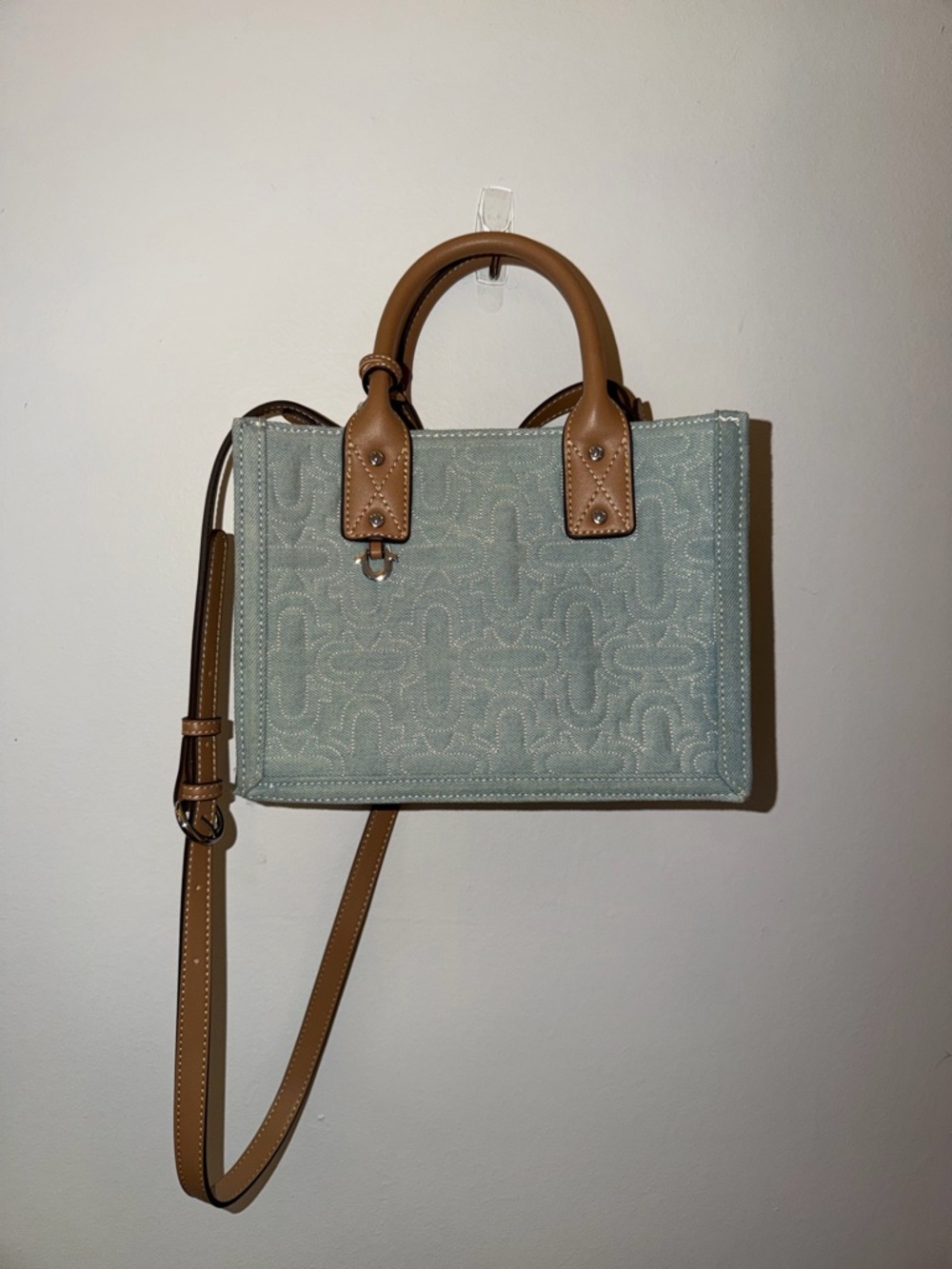 True Religion Light Blue Tote Crossbody Bag with Tan Trim